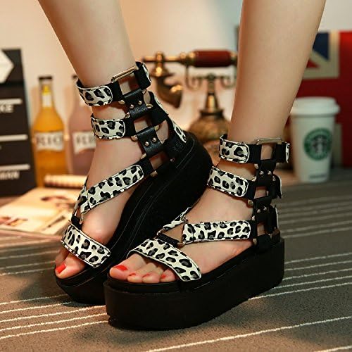 Amazon Shoesmart ヌーボーのグラディエーターサンダルの女性の金属バックルの女性は8夏sandalias Plataformaヒョウ黒のセクシーな靴をサンダル Leopard 7 ファッションサンダル