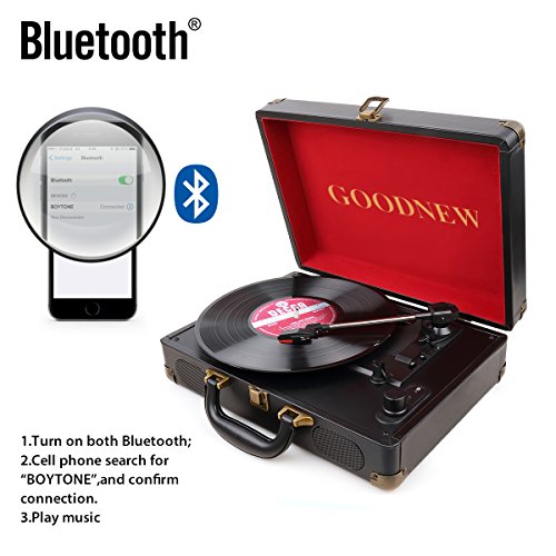 GOODNEW Vinyl Record Player Turntable, 3-Speed Portable Stereo Turntable with Built in Speakers,Support Headphone & RCA Output and AUX Input Jack (Small one, red)