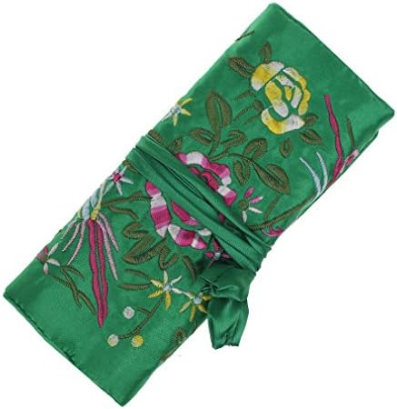 SuoSuo Jewelry Roll,Travel Jewelry Roll Bag,Green Flower Silk Embroidery Brocade Jewelry Organizer Case with Tie Close