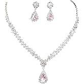 PLOUTOS Teardrop Crystal Necklace Earring Set for Women, Rhinestone V Pendant Drop Studs, Adjustable Chain, Clear/Pink/Blue Colors For Bridal Prom