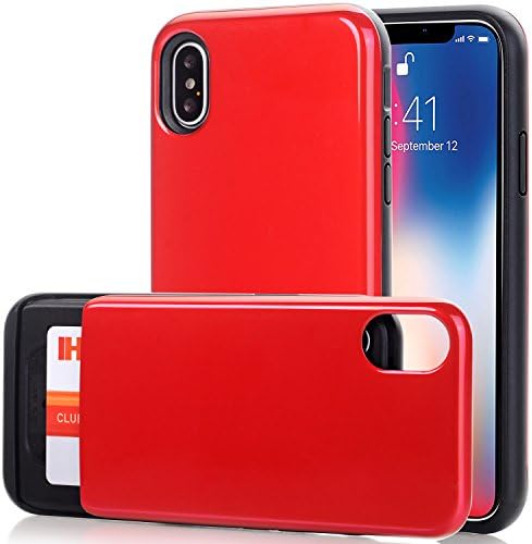 iPhone X Case, BAISRKE Slim Dual Layer Wallet Bumper Shockproof Protection Design Case with Slider Sliding Card Holder Slot for Apple iPhone X (2017) - Glossy Red