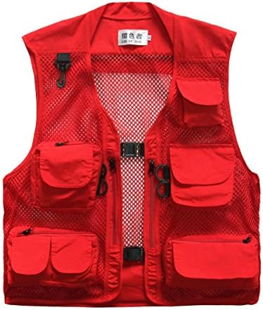 Roludom Men's Mesh Fishing Vest Multi Pockets Photography Outdoor Jacket (Red, XXL)
