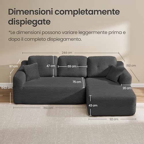 Divano Angolare, Divano Modulabile 244 cm, Consegnato Compresso in Collo, Senza Montaggio, con Ampia Chaise Longue a Destra, per Soggiorno, Camera degli Ospiti, Grigio Ardesia LCS184GN01