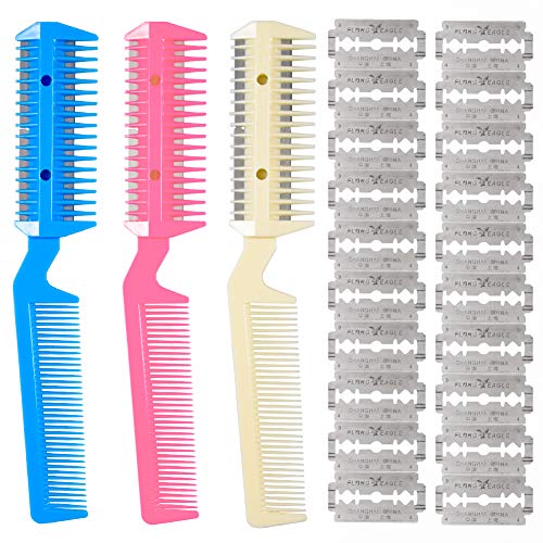 Razor Comb 3 Pcs Dual Side Cutting Scissors Hair Cutter Shaper Double Edge Razor Blades Razors Slim Haircuts Cutting Tool with 20 Pcs Razors