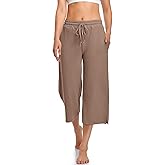 UEU Womens Capri Yoga Pants Summer Wide Leg Loose Casual Cropped Lounge Drawstring Pajama Capris Sweatpants with Pockets