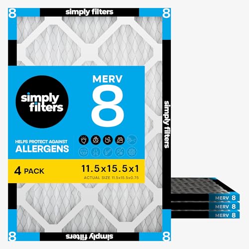 Simply 11.5x15.5x1 Air Filter, Merv 8, 4 Pack, For Home AC Furnace & HVAC (Actu…