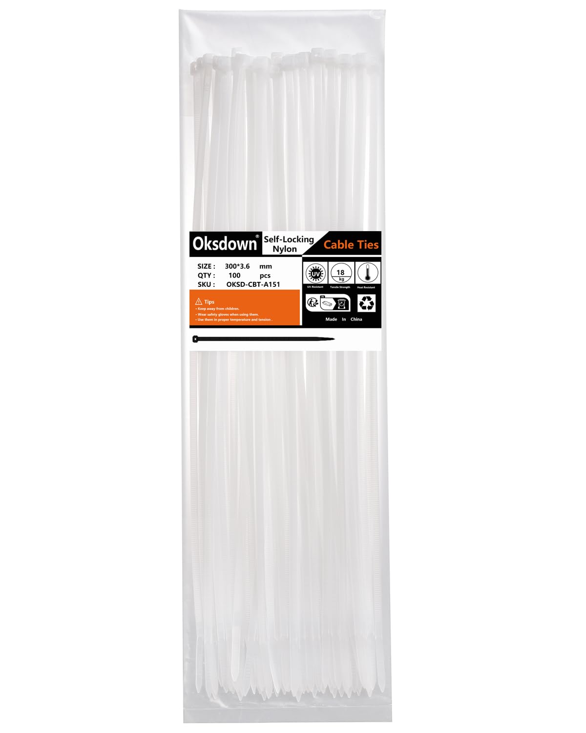 Oksdown 100 Pack White Plastic Cable Ties 300mm×3.6mm Strong Nylon Premium Self Locking 12 inch/30 cm Long Zip Tie Wraps