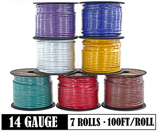 Photo 1 of 14 Gauge 7 Color Combo Automotive Low Voltage Primary Wire 100 ft Roll (700 ft total) for Car Stereo Audio Amplifier Remote Trailer Harness hookup Wiring