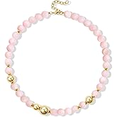 KissYan Beaded Necklaces for Women, 14K Gold Plated Natural Gemstones Beach Choker, Boho Handmade Crystal Ball Chain Pink Blue Stone Summer Jewelry Gifts