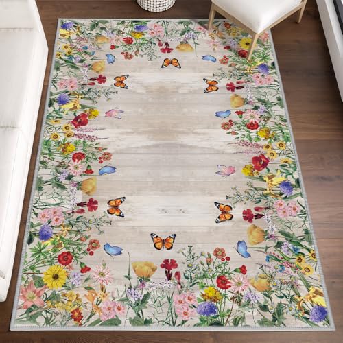Photo 1 of Artoid Mode Wood Flowers Butterfly Spring Area Rug, Summer Home Decor Low-Profile Washable Area Rugs for Entryway Bedroom Living Room Laundry Room Indoor 4x6 Feet