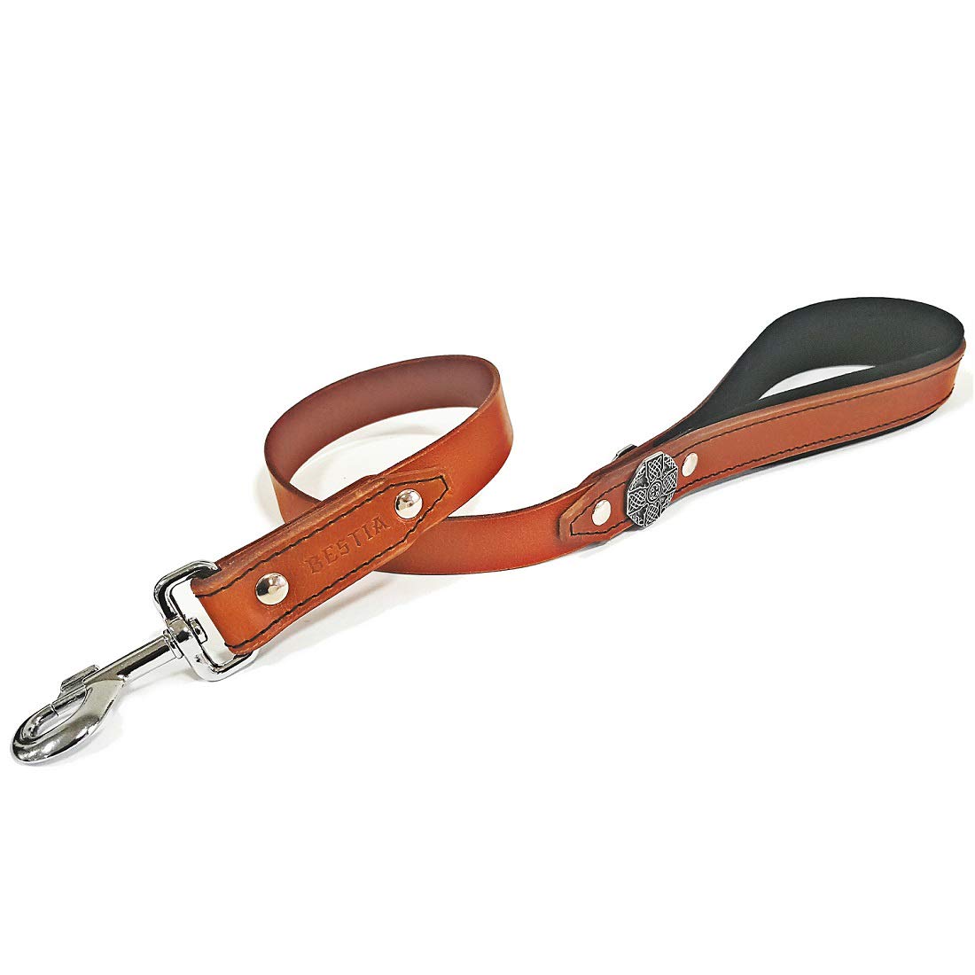 Bestia Maximus genuine leather heavy duty short leash. 35.5 inch long, 1.2 inch wide. Soft padded handle. Handmade quality
