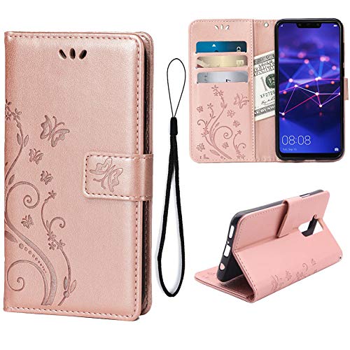 Wallet Case for Huawei Mate 20 LITE, 3 Card Holder Embossed Butterfly Flower PU Leather Magnetic Flip Cover for Huawei Mate 20 LITE(Rose Gold)