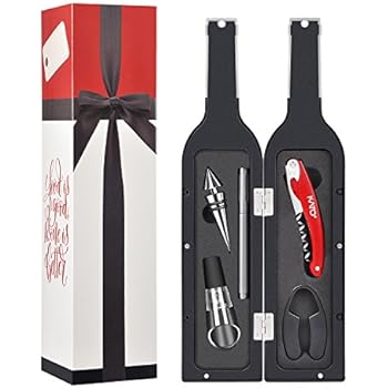 Wine Opener Gift Set - Wine Bottle Accessory Kit Corkscrew Opener, Stopper, Pourer, Foil Cutter, Glass Marker and Drink Stickers by Kato, Great Christmas Gifts, Silver