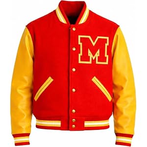 Men's Red Wool Bomber Jacket with Yellow Faux Leather Sleeves, MJ Thriller Jacket, Letterman Jacket, and stylish outerwear