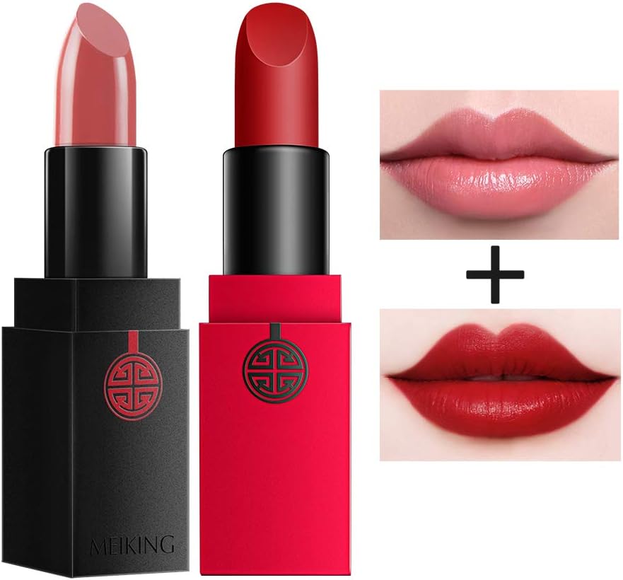 Moisturizing Matte Lipstick Set Lustrous - MEIKING Waterproof Long Lasting Soft Pink Lip Stick Nude Red Cosmetics Natural Lip Makeup 0.13 oz (Lustrous + Matte Set)