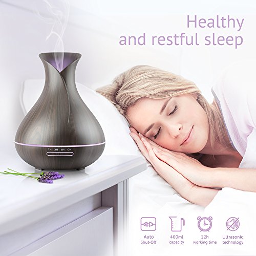Essential Oil Diffuser 400ML 8h, Ultrasonic Air Humidifier, BPA Free, 7 Color LED Lights Lamp, Auto Shut-off, Black Olive Wood Grain. Cool Mist Machine for Home Office SPA EO Aromatherapy, Aroma Scent