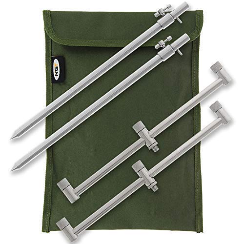 DNA NGT Carp Coarse Fishing 2x 30-50cm Stainless Steel Extendable Bank Sticks & 2x 30cm 3-Rod Buzz Bar Set with Green Nylon Case