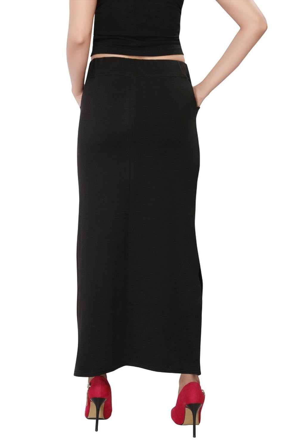 bfly women's cotton hosiery straight skirt -2 front pocket(black)