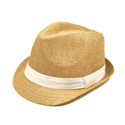 Classic Tan Fedora Straw Hat, White Band FrenzyStyle