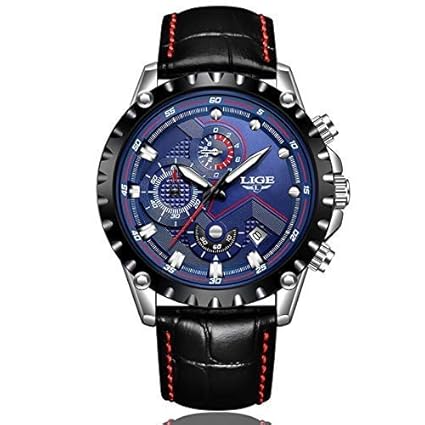LIGE Multi-Functional Chronograph Japanese Quartz Genuine Leather Black Strap Blue Dial Wristwatch for Men - Black