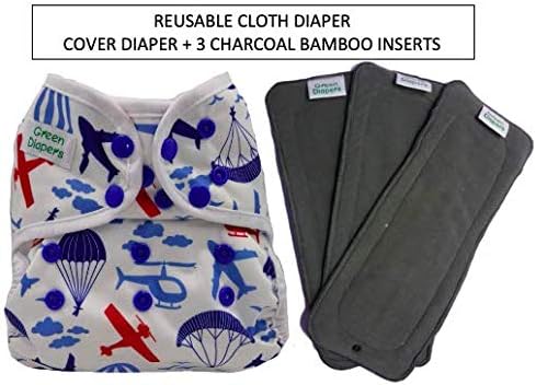 Green Diapers Reusable Diaper Cover with 3 Charcoal Bamboo Inserts (Udaan)
