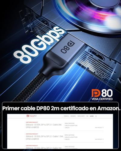 Silkland 80Gbps DisplayPort 2.1 [Certificado VESA], Display Port 2M, [8K@240Hz, 4K@540Hz 360Hz 240Hz] 16K, DP80 HDR DSC, Soporta FreeSync&G-Sync monitor para juegos 5090 7900XTX