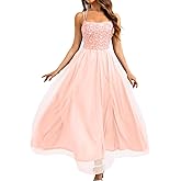 ShawGobow Tulle Prom Dress with Slit,Sequin Backless Long Flowy Dresses for Women,Sexy Sparkly Outfits Homecoming Wedding Pink Small