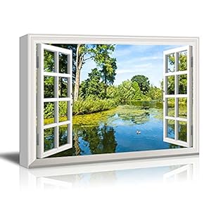 Creative Window View Canvas Prints Wall Art - Lush Green Woodland Park Reflecting in Tranquil Pond in Sunshine - 24" x 36"
