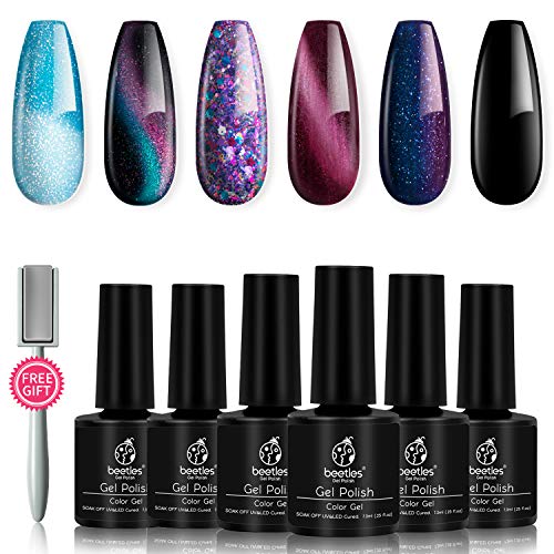 Beetles Milky Way Glitter Gel Nail Polish Set - 6 Colors Collection Black Gel Polish Kit Cat Eyes Magnet Color Changing Glitter Gel Phantom Chameleon Nail Kit, Soak Off UV LED Nail Art Gift Box 7.5ml