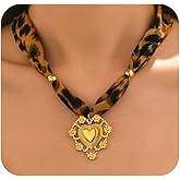 Scarf Necklace for Women, Leopard Print Silk Bandana Necklace with 18K Gold Plated Stainless Steel Charms, Chunky Heart, Flower, Sun, Starfish Pendant Necklaces, Boho Vintage Statement Jewelry, Christmas Gifts