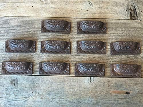 10 CAST Iron Brown 3" Ornate PULLS Drawer Cabinet BIN Handles Rustic Vintage