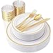 IOOOOO Gold Plastic Plates & Plastic Silverware & Gold Cups 150 Piece, Premium Disposable Dinnerware Set Includes: 25 Dinner Plates, 25 Dessert Plates, 25 Tumblers, 25 Forks, 25 Knives, 25 Spoons