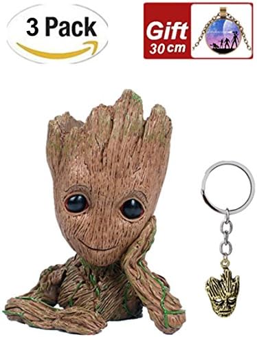 HaWenny 3Pack Baby Groot Planter Flowerpot Pot Pen Container and Groot Keychain Pendant,Action Figures Guardians of The Galaxy Flowerpot Baby Cute Model Toy Pen Pot Best Gift