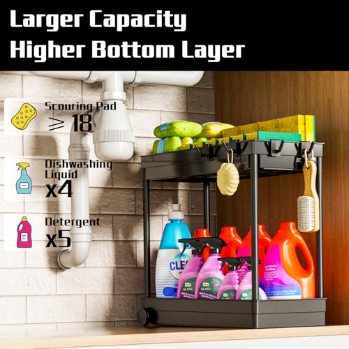 Cicilyna 2 Pack Under Sink Organizer, 2 Tier Bathroom Cabinet Organizers and Storage with Hook, Multi-purpose Storage Basket Shelf for Kitchen, Black