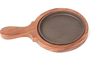 Shradha Trading Fajita Plate Set, Round Sizzling Brownie Sizzler Plate/Tray with Wooden Base Round Handle