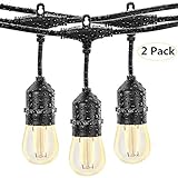 Joddge Outdoor String Lights LED 2 Pack 48ft 15 Sockets 32 Bulbs (2 Spare Bulbs and Zip Ties) for Patio Garden Yard Deck Cafe Weatherproof Commercial Grade [UL Listed]