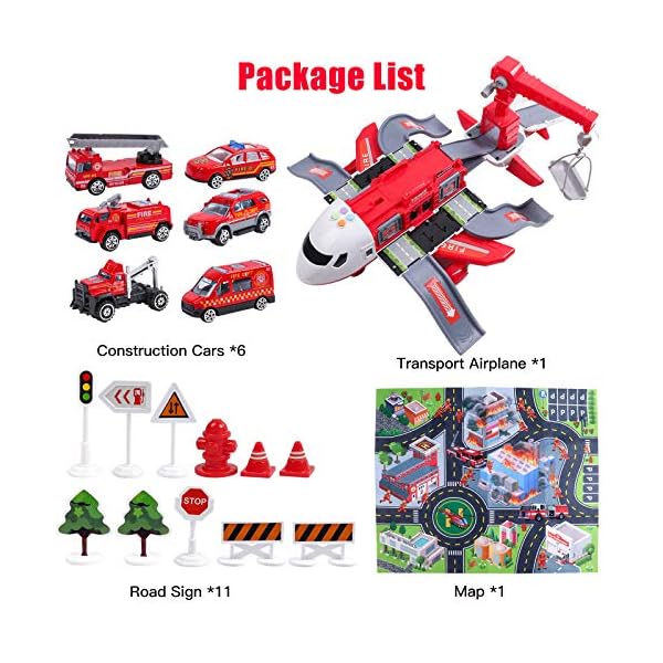 Hiveseen-Transport-Plane-Carrier-Truck-Car-Toy-Set-with-Play-Mat-6-Mini-Alloy-Diecast-Fire-Fighting-Trucks-11-Road-Signs-Music-and-Light-Transport-Cargo-Airplane-for-Kids-3-12-Years-Old Hiveseen Transport Plane, Carrier Truck Car Toy Set with Play Mat, 6 Mini Alloy Diecast Fire Fighting Trucks, 11 Road Signs, Music and Light, Transport Cargo Airplane for Kids 3-12 Years Old