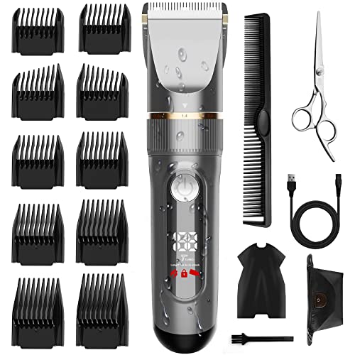 バリカン【2023新登場 USB充電式】ヘアカッター メンズ 電動ばりかん 散髪用 自動研磨 プロ仕様 0.8-24mm対応 LEDディスプレイ 2段階モード 全身防水 家庭用 業務用 子供用 セルフカット 低騒音 水洗い可 リミットコーム 散髪ケープ ハサミ付き 日本語説明書