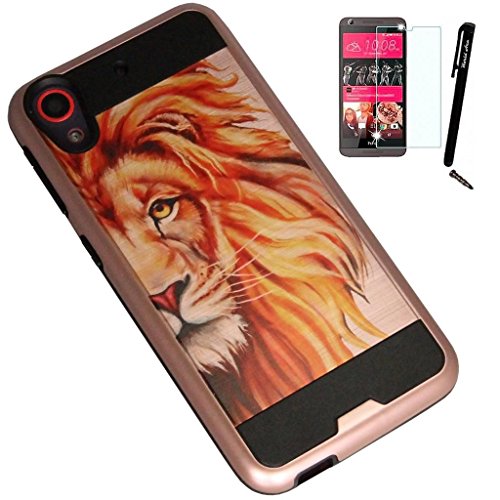 For HTC Desire 626 / Desire 626S Phone Case Dual Layer Brushed Metal Texture High Impact Armor Hybrid TPU Cover MetaGuard+LCD Screen Protector+Stylus (Half Lion/Rose Gold)