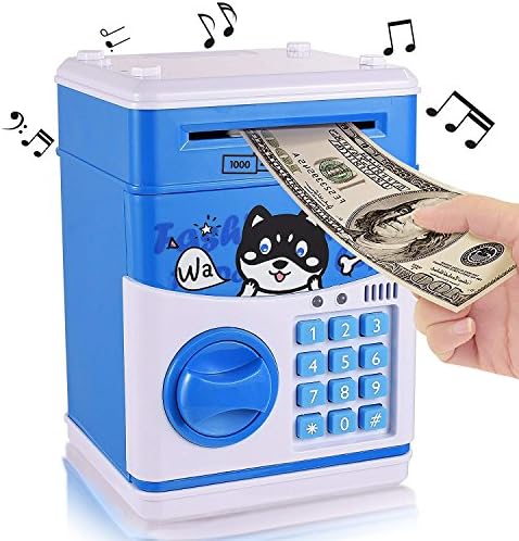 APUPPY Electronic Piggy Bank Mini ATM Password Money Bank Safe Locks Saving Box Panda Traveling Case Smart Voice & Music Prompt Money Piggy Box for Children/Toy Gifts Birthday Gifts (Blue Dog)