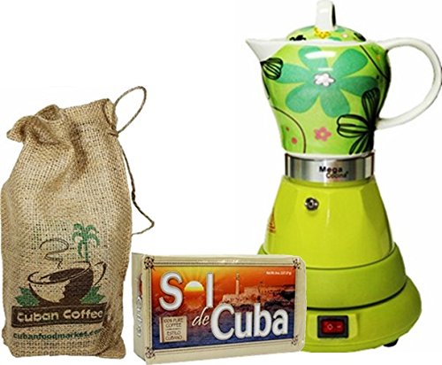 Click Here to See More Images Electric Cordless Espresso Cuban Coffee Maker 4 Cups Color GREEN Includes Coffee in Beautiful Jute Bag