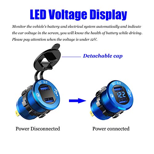 YONHAN Quick Charge 3.0 Dual USB Charger Socket, Waterproof Power Outlet Fast Charge with LED Voltmeter & Wire Fuse DIY Kit for 12V/24V Car Boat Marine ATV Bus Truck and More - Deep Blue