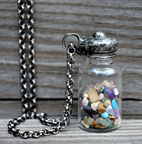 Tiny Bottle Necklace with Tiny Polished Gemstones Encased, Glass Bottle Necklace, Terrarium Jewelry, Glass Urn, Glass Apothecary