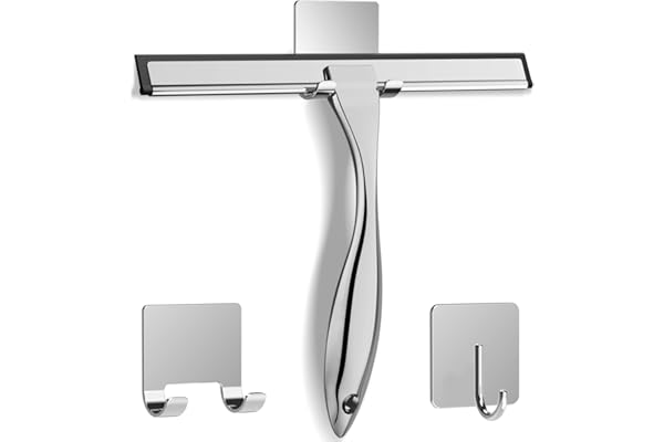 All-Purpose Stainless Steel Shower Squeegee for Shower Glass Door with 2 Adhesive Hooks, Bathroom Cleaner Tool Household Window Mirror Squeegee , Cleaning Tile Wall, Car, 10 Inch Silver
