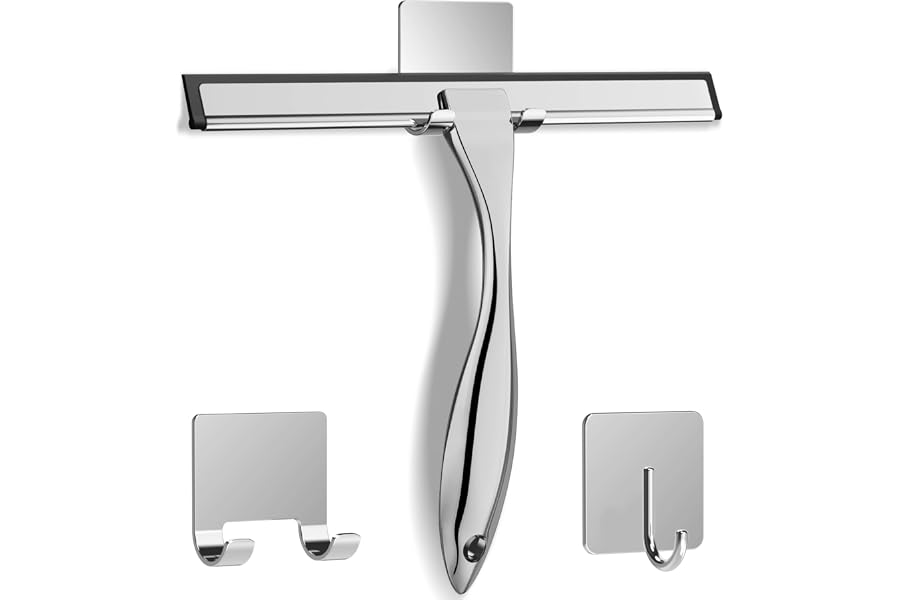 All-Purpose Stainless Steel Shower Squeegee for Shower Glass Door with 2 Adhesive Hooks, Bathroom Cleaner Tool Household Wind