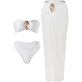 GORGLITTER Women's Strapless Bandeau Swimsuits High Waisted Bikini Sets with Beach Sarong Coverup Skirts Bathing Suits