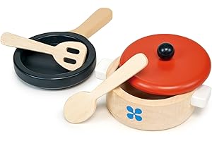 Mentari Toys - Casserole Pan Set - 5pc Wooden Pot and Pan Set with Accessories - Kids Role Play Toy Kitchen Accessories - Imp