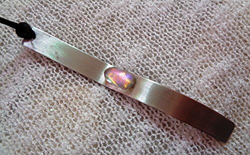 Wawe Influence Lariat Handmade Necklace. Dichroic glass and hand brushed stainless-steel parts. One of a kind. Wowen waxed string, length 14 inches. Pendant 0.4 x 4 inches.