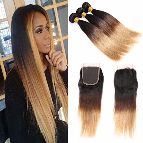 Peruvian Ombre Human Hair Straight Hair 3 Bundles With 4*4inch Free Part Lace Closure 1B/4/27 8A Grade Hair Extensions Weave -18 20 20+16inch