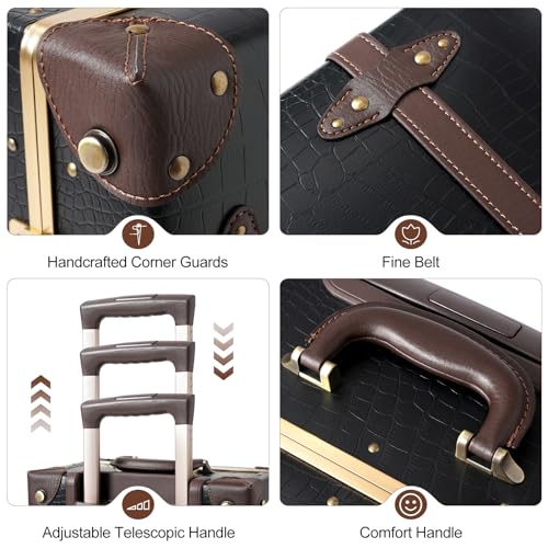 urecity Vintage Travel Suitcase Set with Digital Lock Luxury Cute Retro Cabin Luggage Sets 4 Wheels Suitcase (Black Crocodile Embossing, S(12")+L(26"))